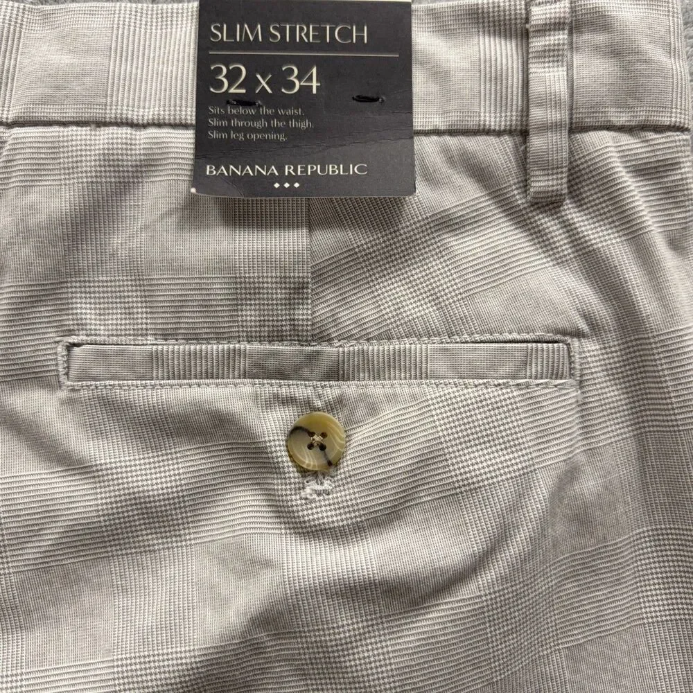 NWT Banana Republic Pants Men 32x34 Grey Plaid Slim Stretch Chino Khaki Golf